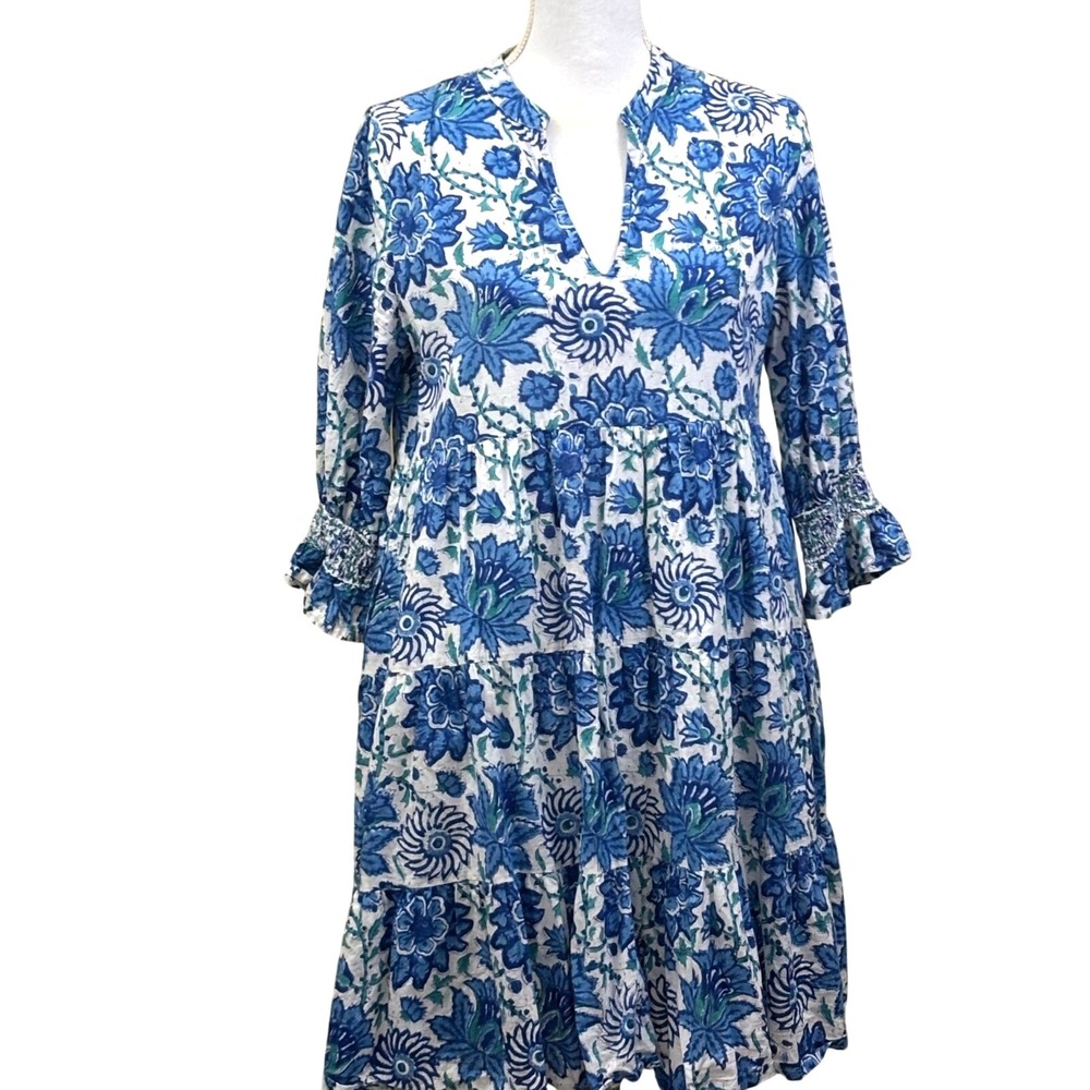 Sohana Blue Floral Tiered Dress Medium, coastal, cottagecore, feminine, resort
